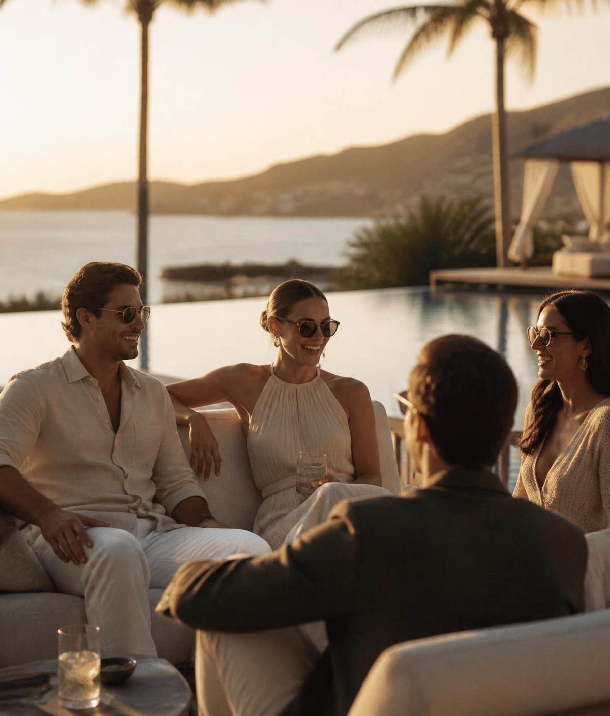 Colleagues enjoying a resort poolside at golden hour