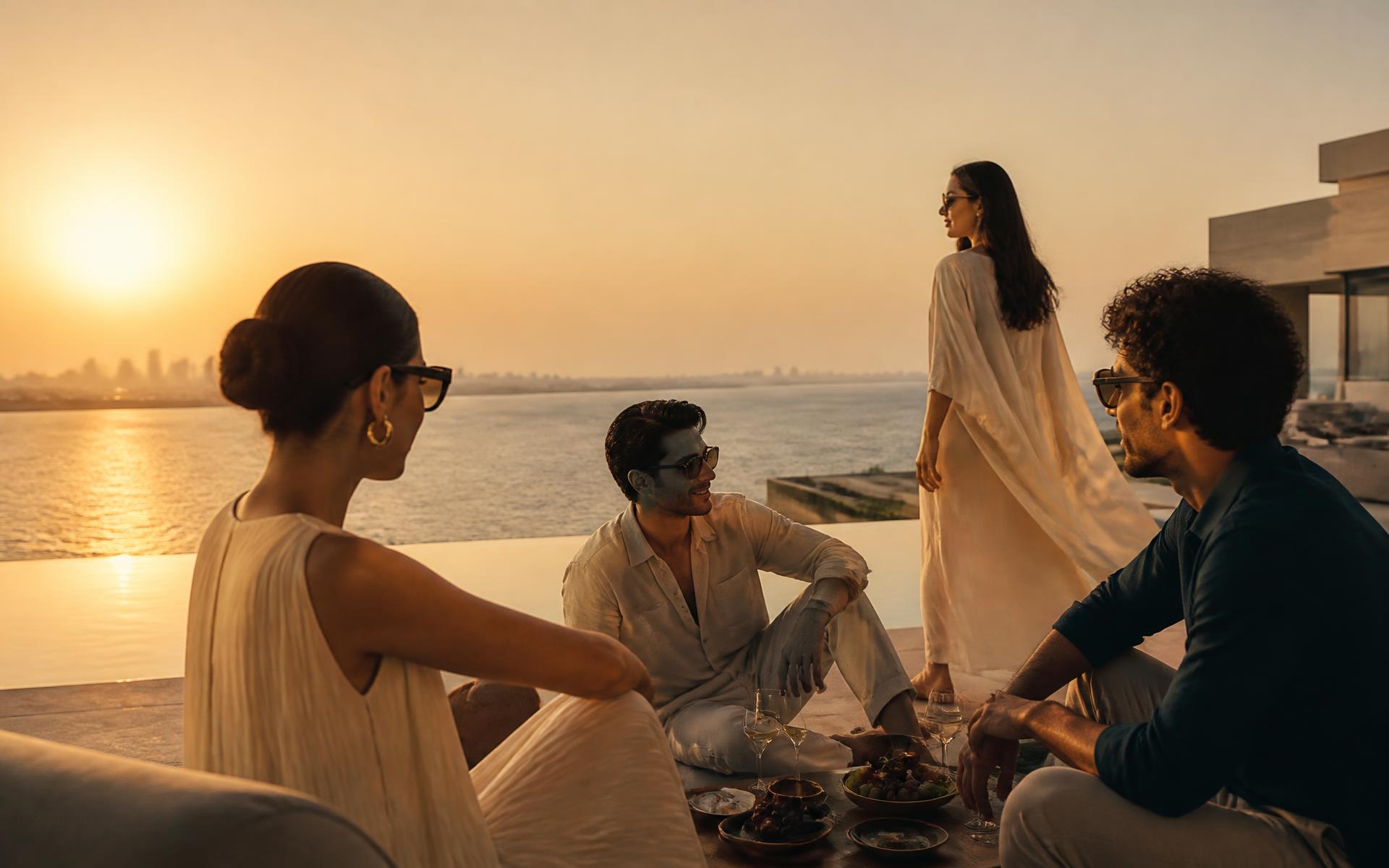 Friends enjoying a rooftop pool at golden hour in Bahrain